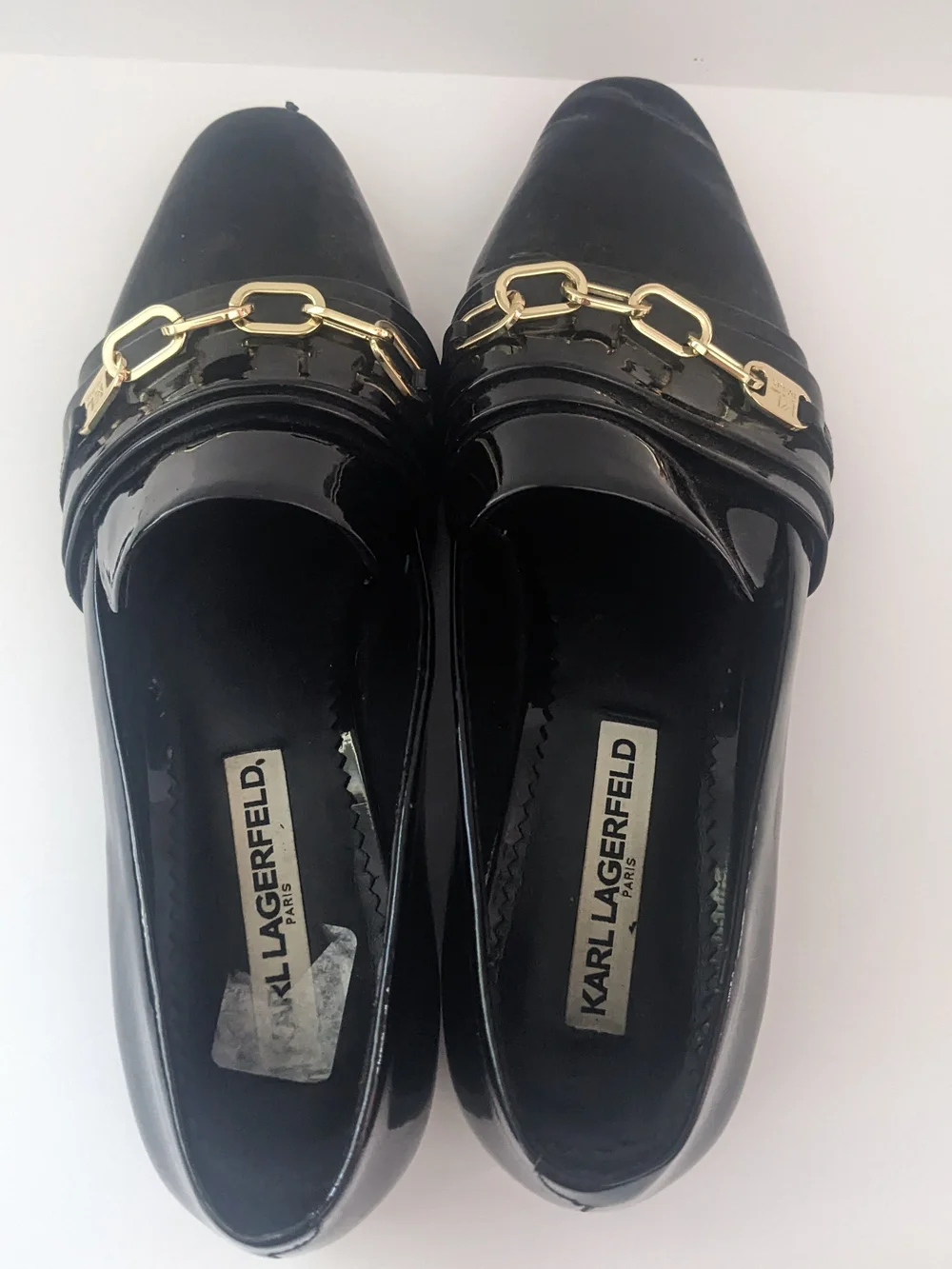 Karl Lagerfeld Black Patent Loafers with Gold Chain 7.5